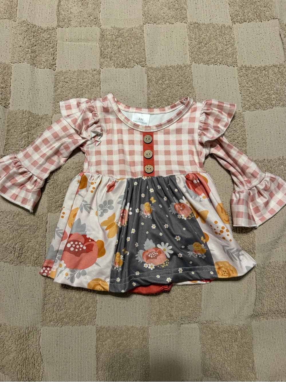 Toddler Pink Gingham Floral Bell-Sleeve Dress